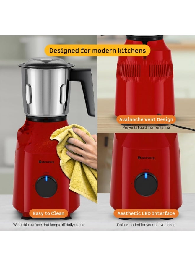 Atomberg Xiana 750 Watt Mixer Grinder | 3 Multipurpose Stainless Steel Jars | Coarse Mode for Silbatta-like Textures | Powerful Intelligent Motor | Easy Fault LED Indication | Fiery Red - Image 2